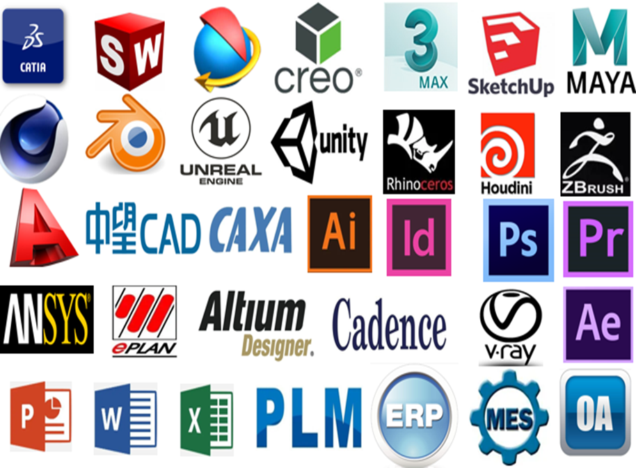 三维设计软件：Solidworks、CAXA、UG、CATIA